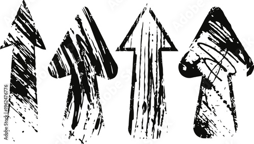 Grunge arrow set with four hand drawn black textured arrows pointing upward