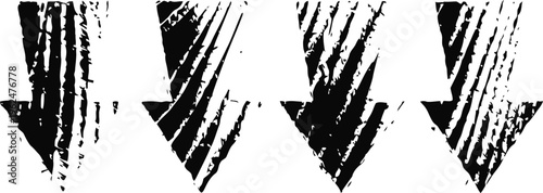 Grunge black arrow icons set direction symbols, downward points with rough textured strokes distressed pointer design collection