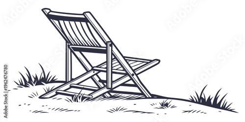 A vintage wooden deck chair placed on a grassy surface with a serene backdrop