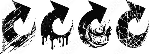 Set of grunge circular arrows with distressed, cracked, and paint drip effects in black silhouette