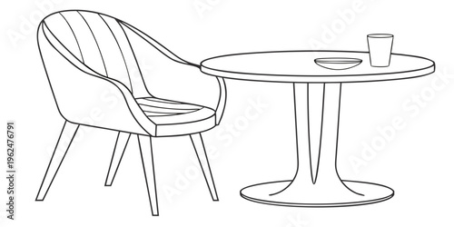 A modern chair with a sleek design next to a round table with a cup