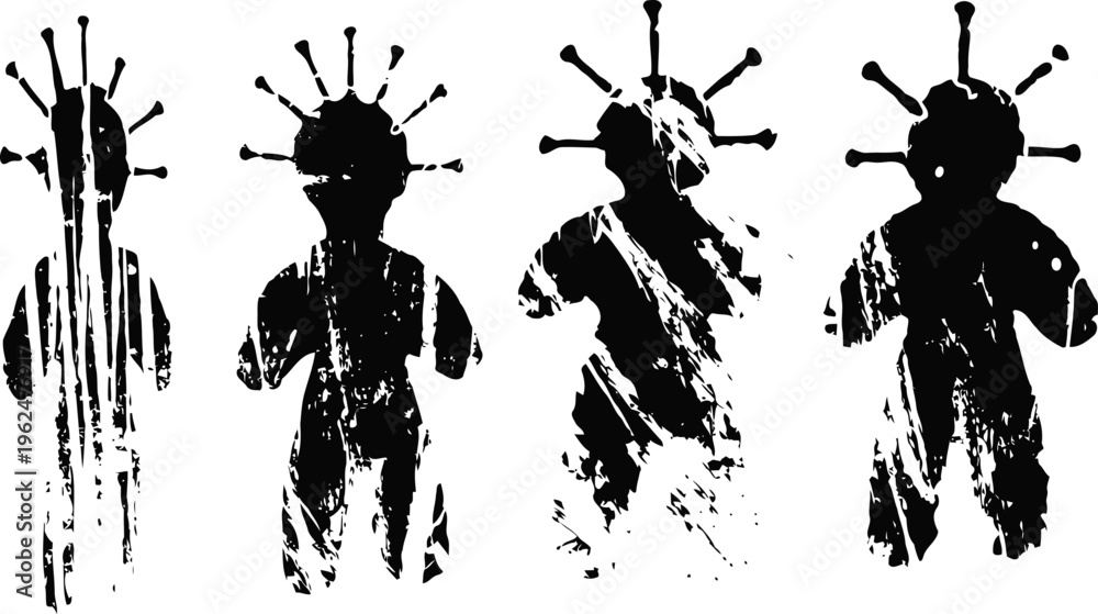 Obraz premium abstract black human silhouettes with distressed texture and spiked head shapes