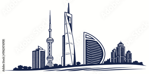 Skyline of modern city with iconic skyscrapers and architectural marvels