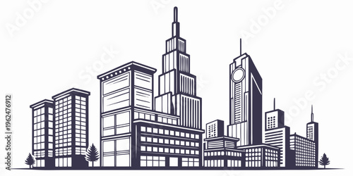 A detailed illustration of a city skyline with various buildings and skyscrapers.