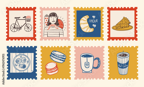 French culture and traditional food postage stamps collection with parisian girl, bicycle, croissant, macaron and coffee. Travel graphic design