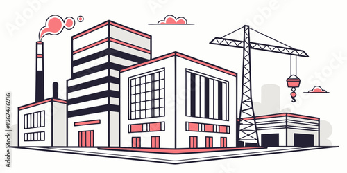 A bustling industrial cityscape with towering buildings and a construction crane