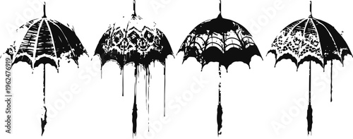 Vintage lace umbrellas silhouette set with intricate patterns and curved handles