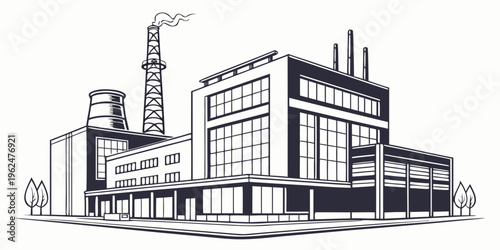 A detailed illustration of a large industrial manufacturing facility with multiple buildings and chimneys.