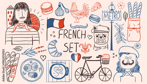 Hand drawn french culture and travel doodle set. Parisian characters and traditional food, bulldog, bicycle, metro sign and coffee. Vacation poster design