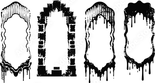 black grunge gothic frames set with dripping textures and uneven edges for design decoration