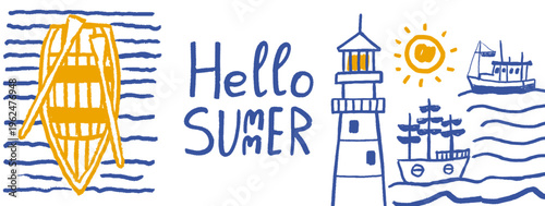 Hello summer nautical doodle illustration. Hand-drawn lighthouse, boats, sun and ocean waves. Vacation travel design