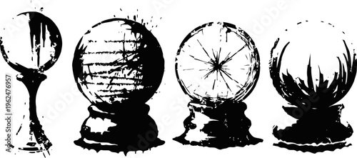 Four different black ink crystal ball illustrations on white background with various shading patterns
