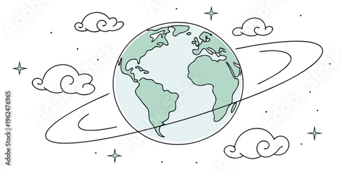 Earth surrounded by swirling clouds and celestial bodies