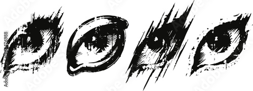 set of abstract black ink eye sketches with different brush stroke styles on white background