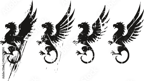 black dragon silhouette set with wings spread, fantasy creature designs in grunge