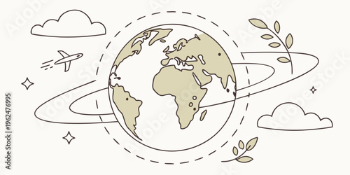 A whimsical illustration of a globe surrounded by travel elements and nature