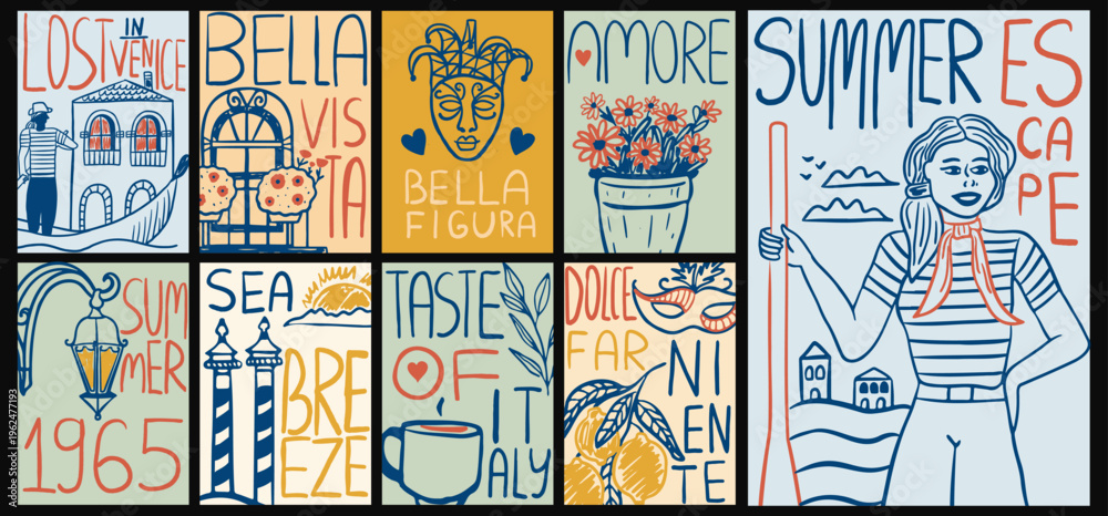 Obraz premium Retro hand drawn italian summer travel poster collection. Cards with venice gondola, carnival mask, espresso, lemons and handwritten text.