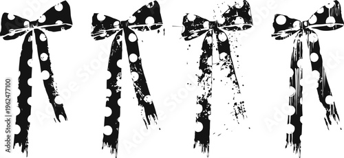 vintage black and white polka dot ribbon bows with long tails in four distressed styles
