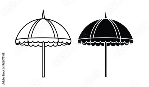 Black and white illustration of two beach umbrellas with scalloped edges in silhouette