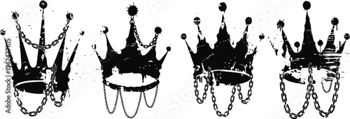 Set of four black vintage crowns with chains, medieval royal accessories in grunge