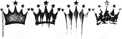 set of four grunge crowns with stars in black ink drawing
