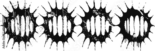 four black spiked virus or bacteria shapes with striped oval centers on white background
