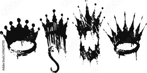 set of black grunge crowns with paint splatters and rough artistic brush strokes