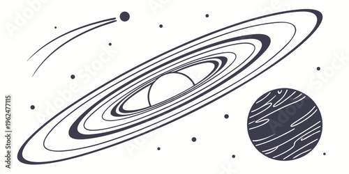 A detailed illustration of a planet with its rings and a moon in space