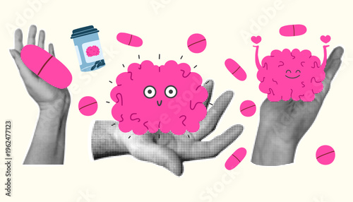 Retro collage art illustration of halftone hands holding cute smiling brain characters and medicine pills. Mental health treatment and psychiatry concept
