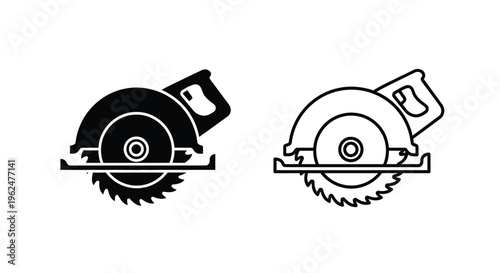 Two depictions of a circular saw solid black and outlined white