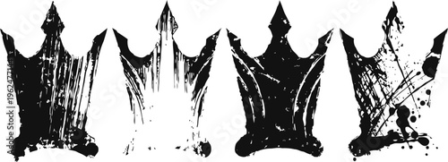 Grunge black crowns set with splatters and rough textures, vintage gothic design elements