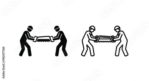 Two pairs of figures sawing with a handsaw depicted in black and white