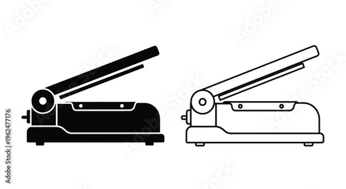 Two views of a manual heat sealer for plastic bags black and white