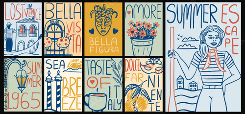 Retro hand drawn italian summer travel poster collection. Cards with venice gondola, carnival mask, espresso, lemons and handwritten text.