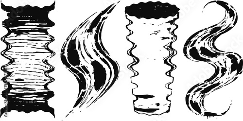 Abstract black and white wave patterns set of four vertical organic wavy lines with ink splash texture artistic hand drawn design elements