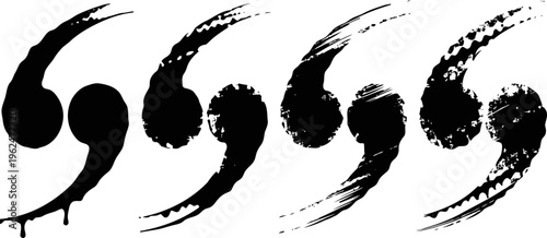 set of black ink brush stroke quotation marks in various grunge styles isolated on white