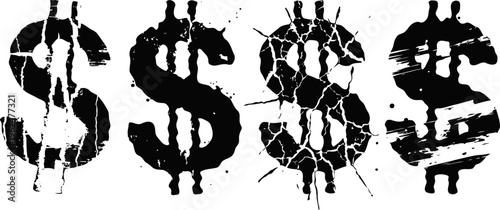 grunge dollar signs distressed cracked and weathered money symbols concept worn graphic icons for finance and economy