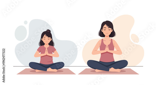 Two women sitting in lotus position meditating on pink mats with hands clasped in front of chests, against abstract background shapes.