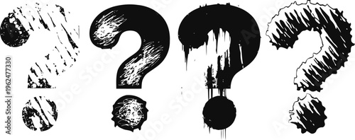 set of four black grunge question marks with paint drip and splatter effects on white background