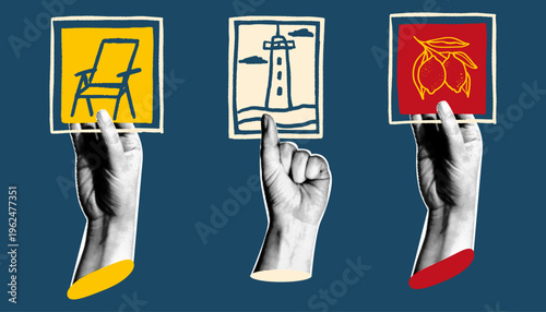 Hands holding square picture cards with minimalist line drawings of a beach chair, a coastal lighthouse, and fresh lemons. Retro pop art collage with summer vacation and travel designs