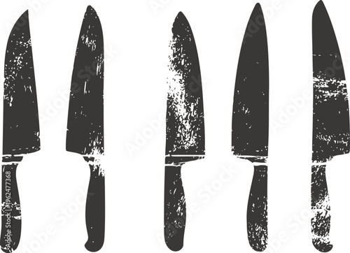Vintage knife silhouettes set with textured worn distressed effect in multiple angles