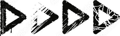 Distressed grunge play button icons set rough textured triangle shapes with artistic paint splatter effects