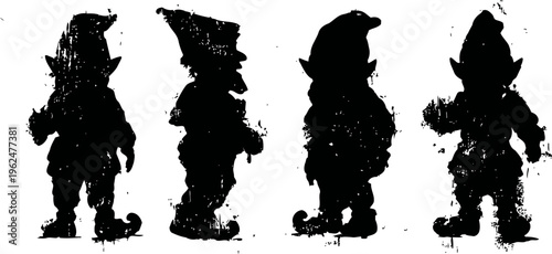 vintage silhouette set of four garden gnomes in different standing poses isolated on white