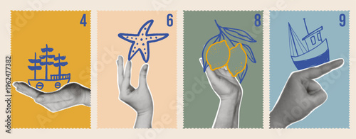 Creative set of four retro postage stamp designs featuring vintage halftone hands holding hand-drawn marine elements. Summer travel collages and nautical greeting cards.