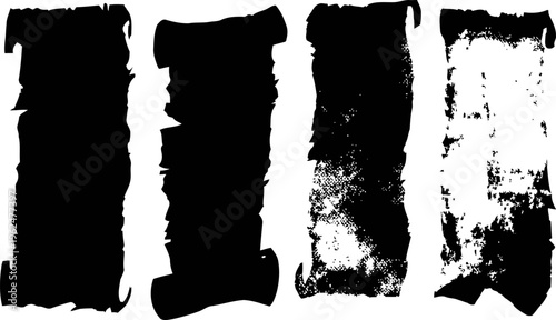 four vertical textured black paint strokes on white background, abstract distressed brush marks