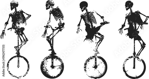 Skeletons performing on unicycles in various dynamic poses, black and white illustration