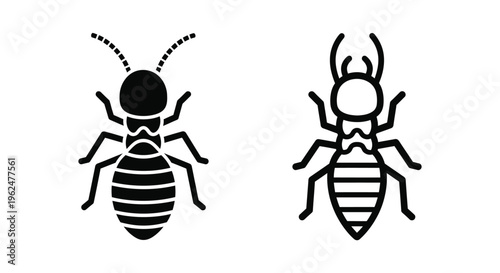 Two black and white insect icons an ant and a termite