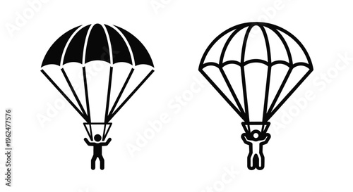Two black and white icons depicting people skydiving with parachutes