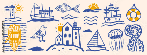 Collection of hand drawn doodle nautical elements with sailing boat, beacon, fish, gull, medusa, and octopus tentacle in minimal blue and yellow sketch style