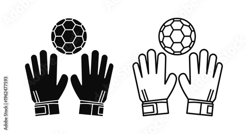 Goalkeeper gloves and soccer balls in black and white illustrations